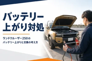 ボンネットを開けた大型SUVとブースターケーブル