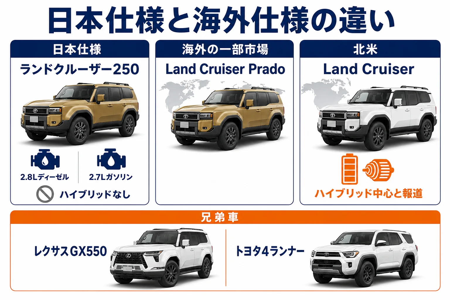 日本仕様と海外仕様のランクル250の違いを比べた図解