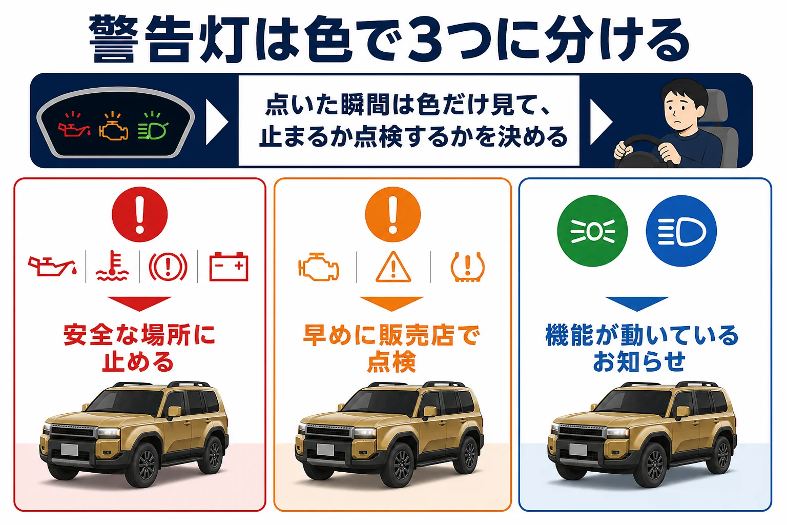ランクル250の警告灯を赤・黄・緑青の3色に分けた対処の図解