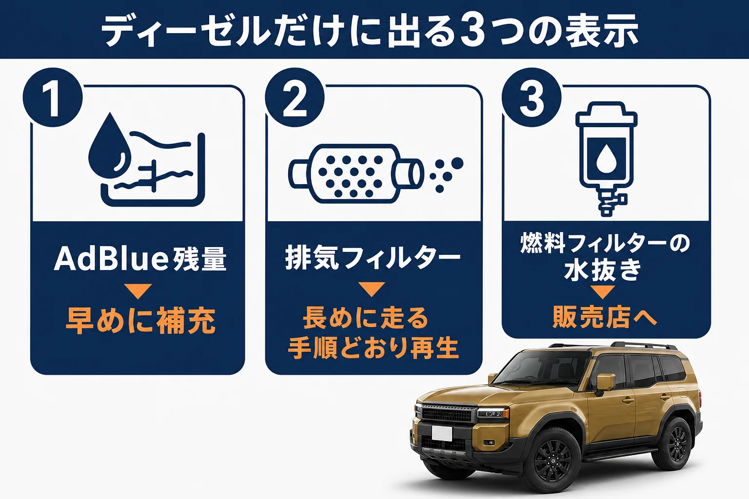 ランクル250ディーゼル特有のAdBlue・排気フィルター・燃料フィルター警告の図解