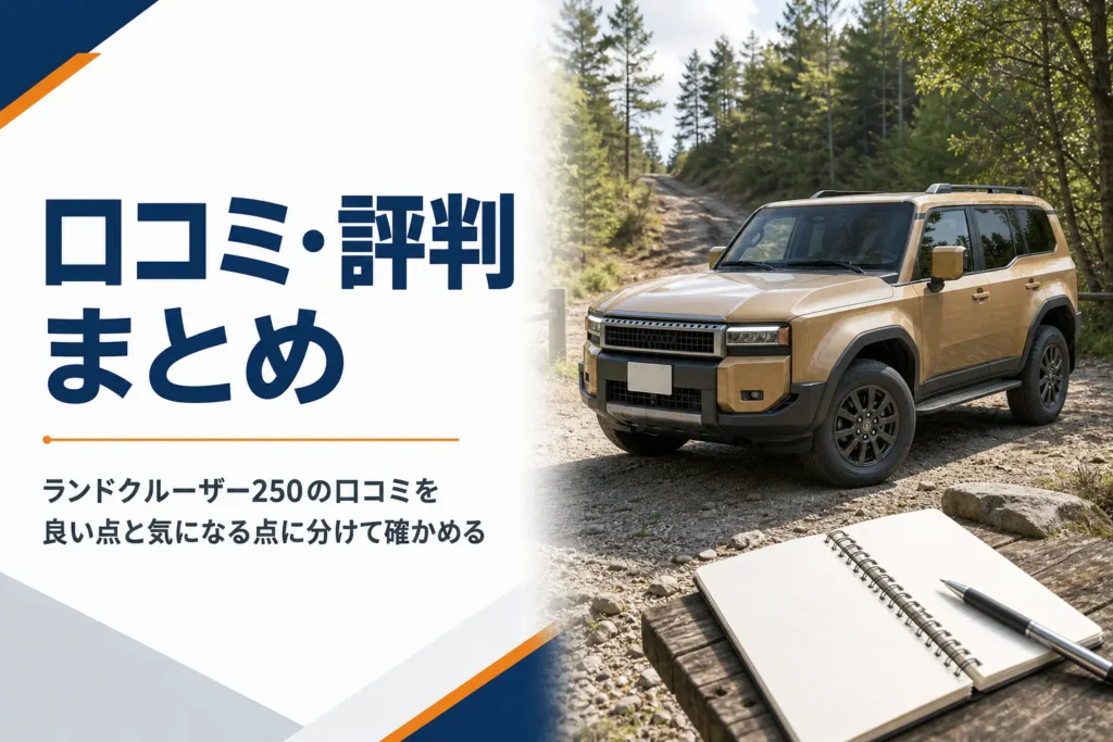 林道に停まる角ばった大型SUVと評判をまとめるメモ帳