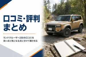 林道に停まる角ばった大型SUVと評判をまとめるメモ帳