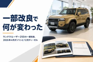ショールームの大型SUVとカタログで改良内容を確かめるイメージ