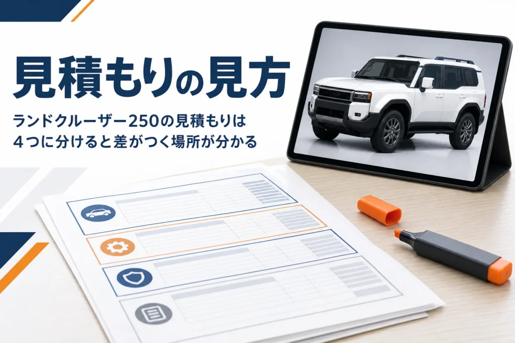新車の見積書に蛍光ペンで印を付けているイメージ