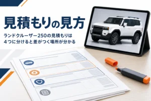 新車の見積書に蛍光ペンで印を付けているイメージ