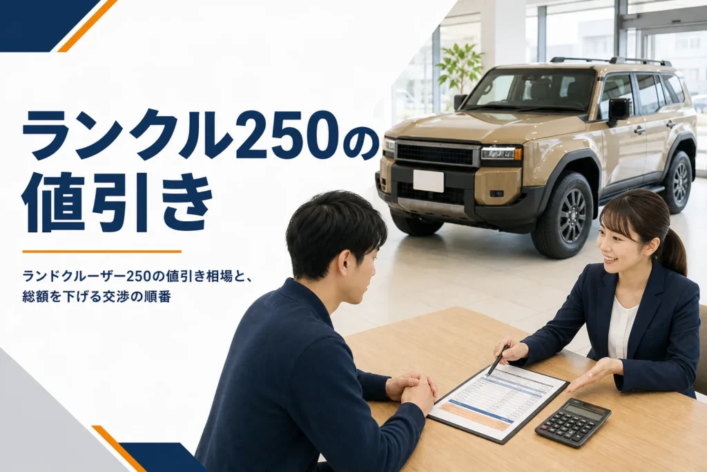 見積書と電卓が置かれた商談テーブルと大型SUVのイメージ