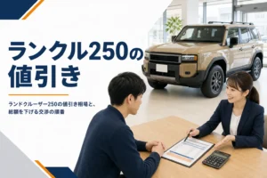 見積書と電卓が置かれた商談テーブルと大型SUVのイメージ