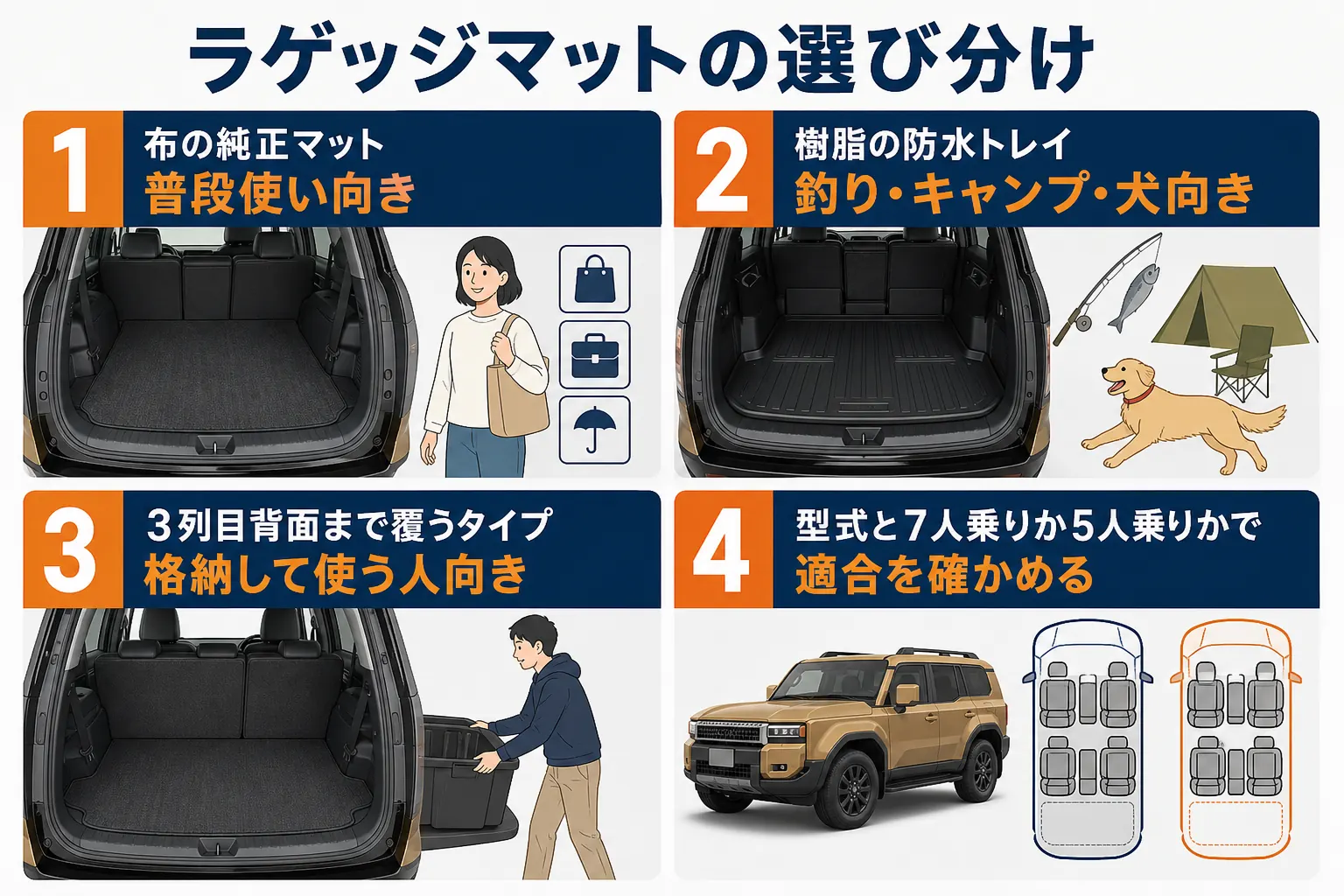 ランドクルーザー250のラゲッジマットとラゲッジトレイの選び分けを示した図解