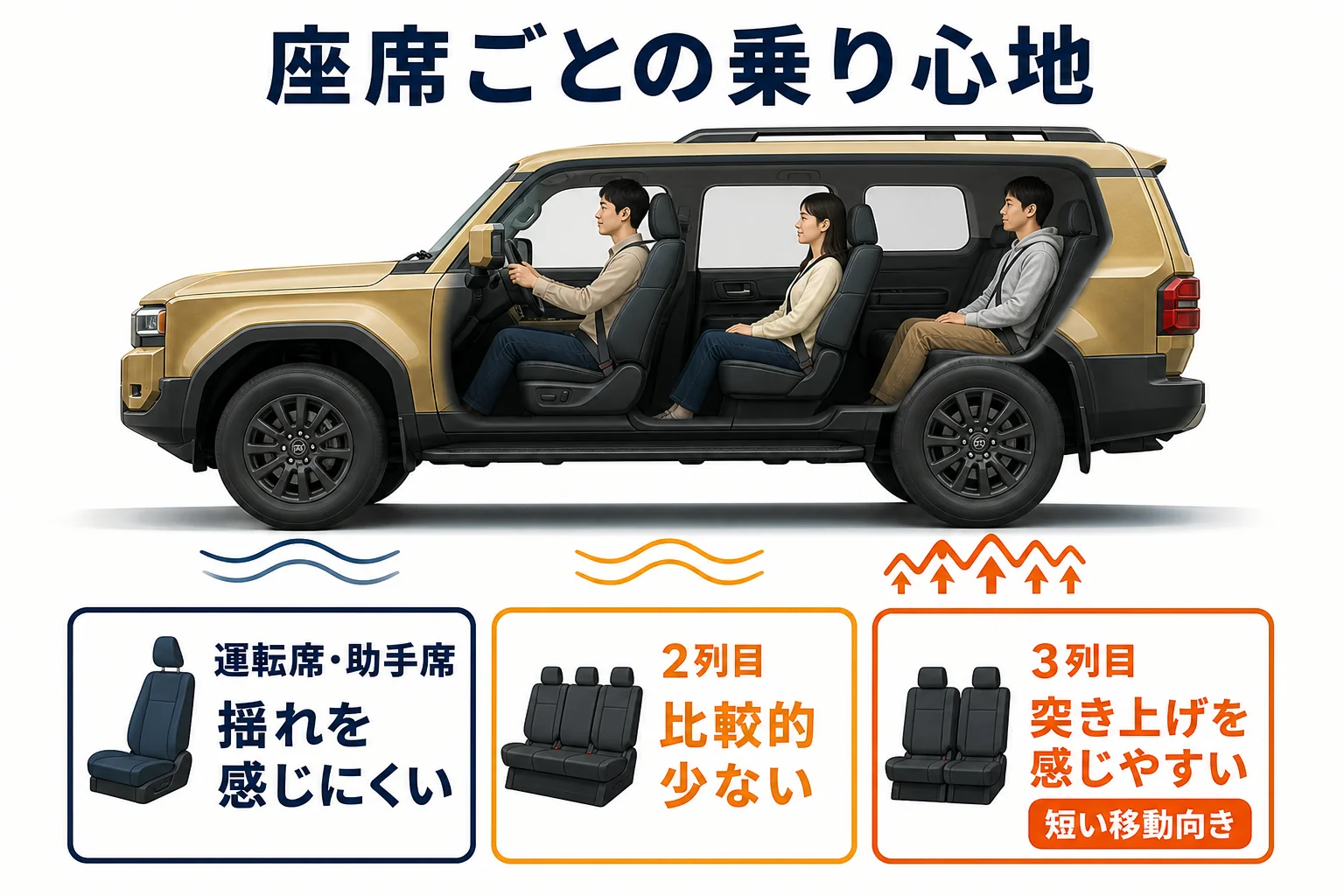 ランドクルーザー250の座席位置ごとの乗り心地の傾向を示した図解