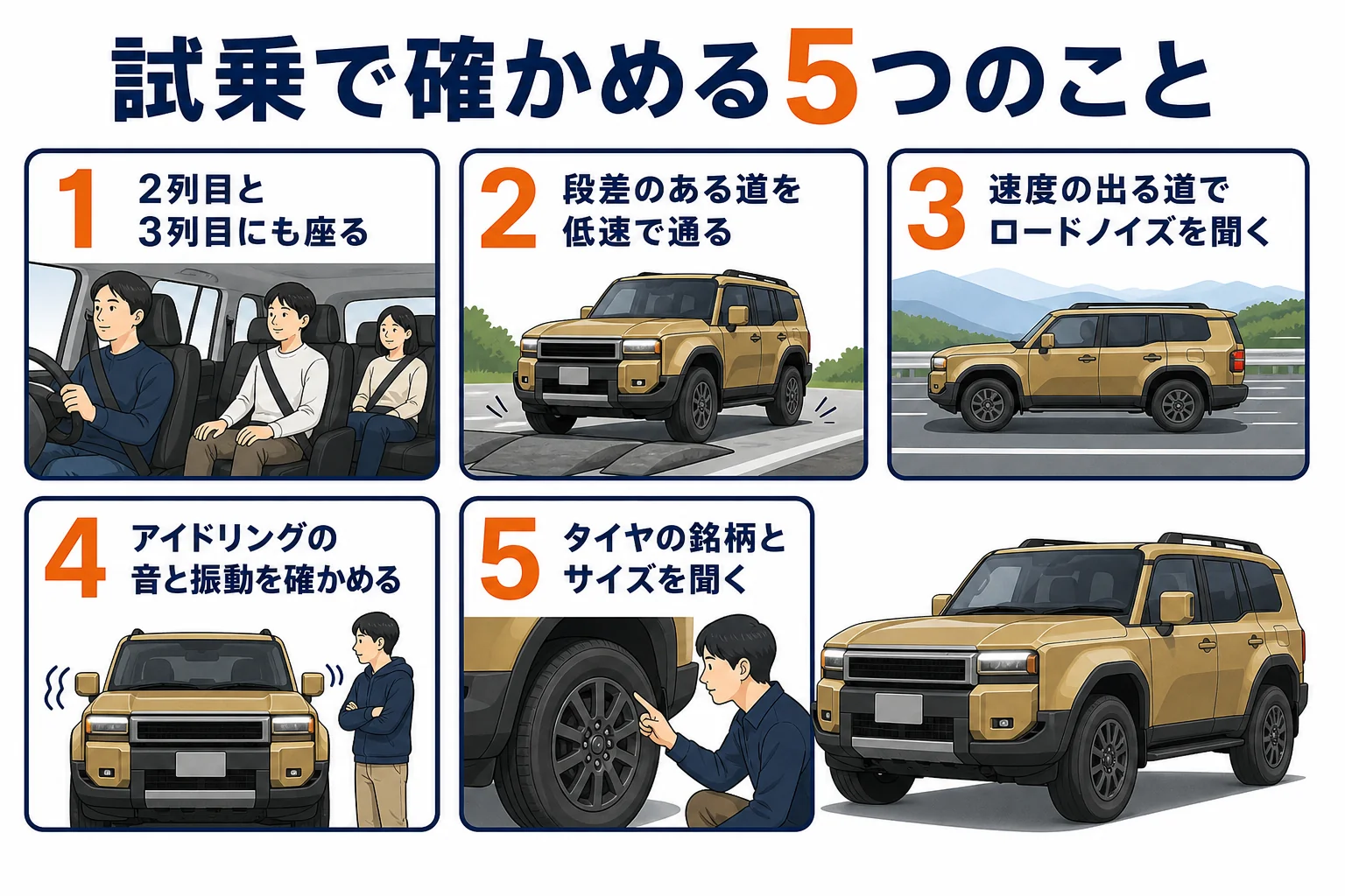 ランドクルーザー250の試乗で乗り心地を確かめるポイントをまとめた図解