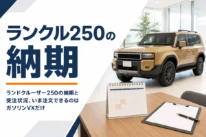 販売店の商談テーブルに置かれたカレンダーと大型SUVのイメージ