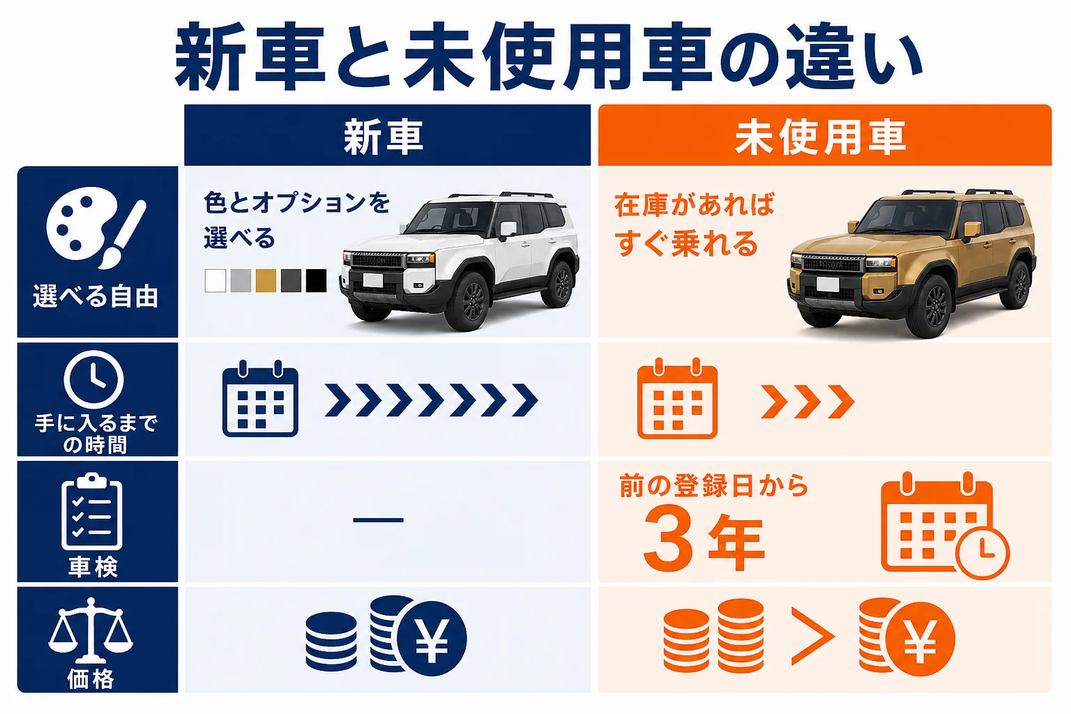 新車と未使用車の違いを項目ごとに比べた図解