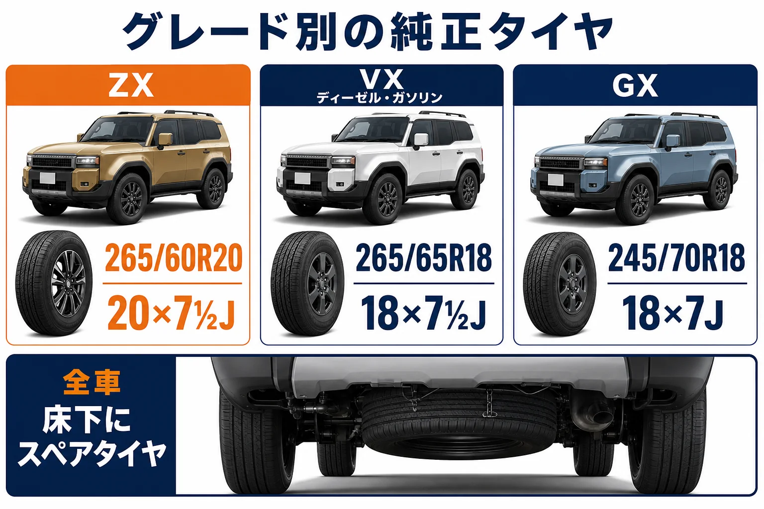 ランクル250のグレード別タイヤサイズを並べた図解