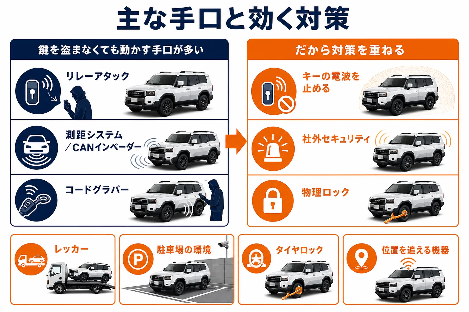ランクル250が狙われる主な手口と効きやすい対策を並べた図解