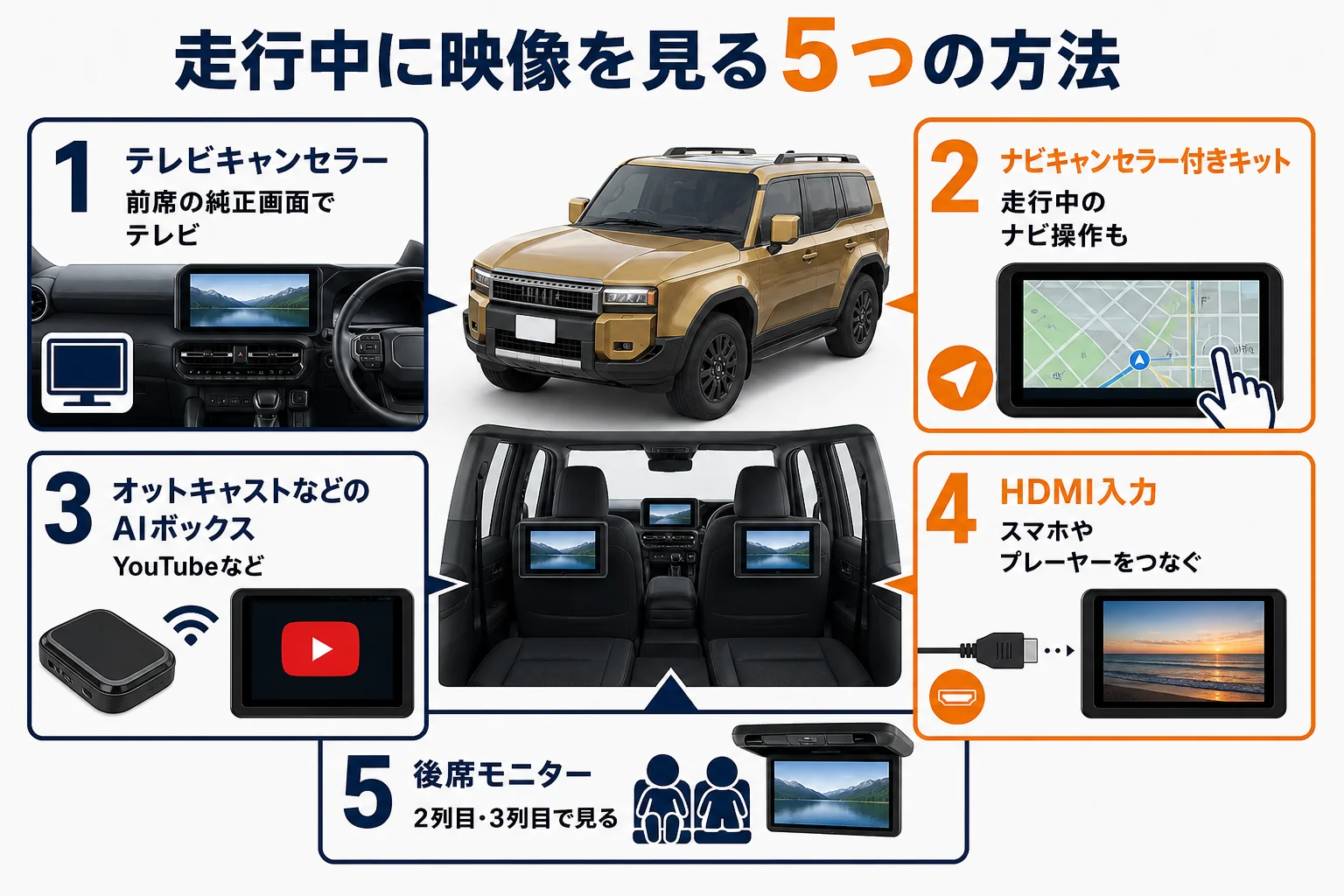 ランクル250で走行中に映像を見る5つの方法を並べた図解
