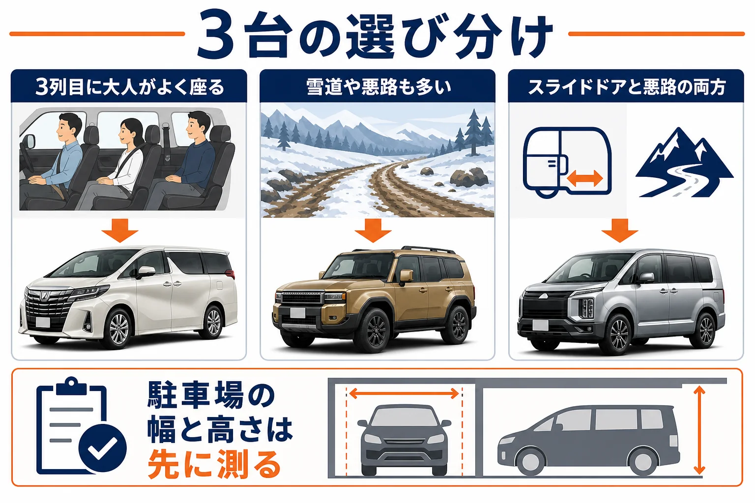 ランクル250とアルファード・デリカD:5の選び分けを使い方別にまとめた図解