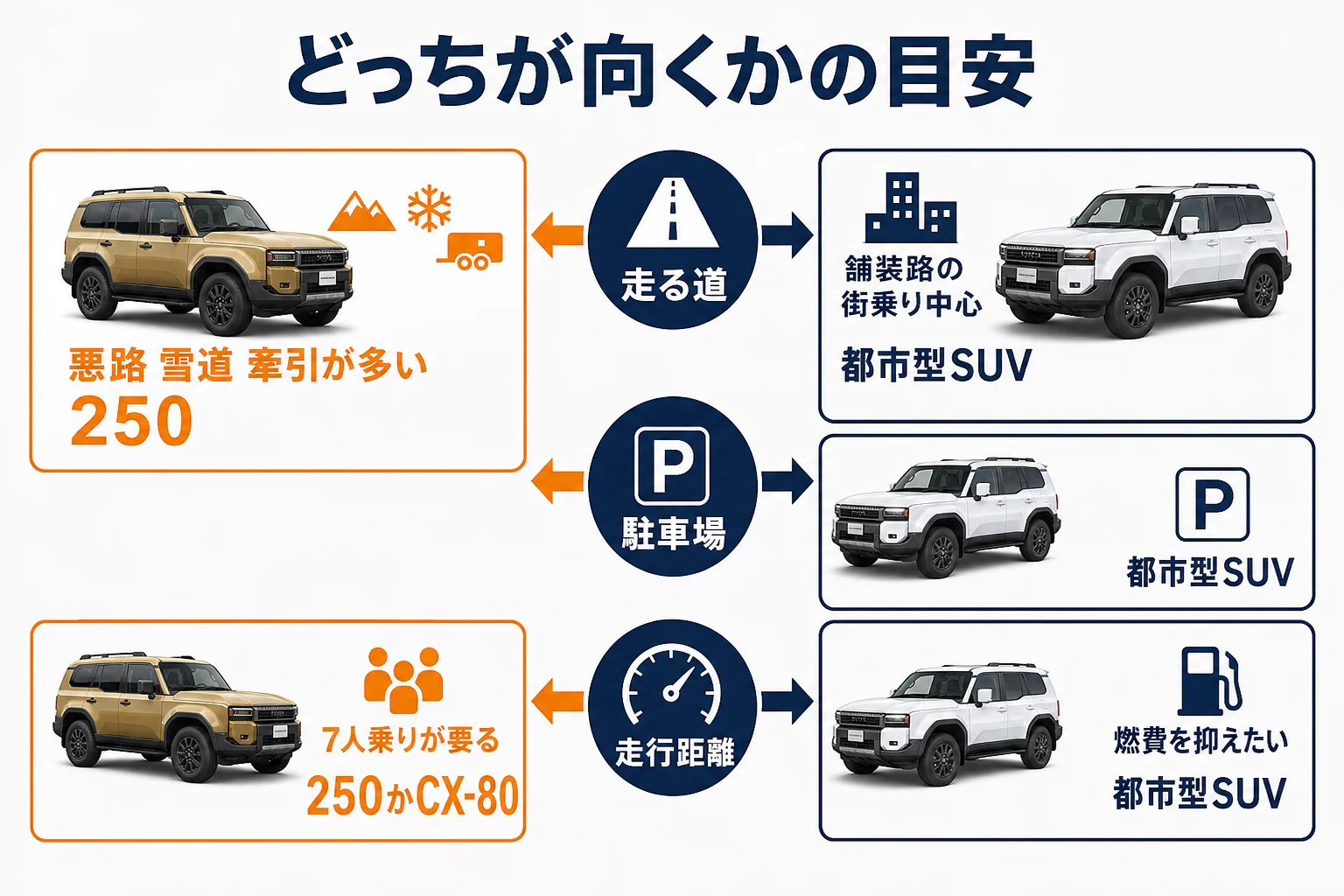 ランクル250と都市型SUVのどちらが向くかを使い方別にまとめた図解