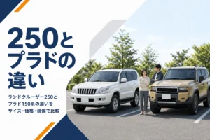 新旧2台の本格SUVを並べてサイズの違いを比べるイメージ