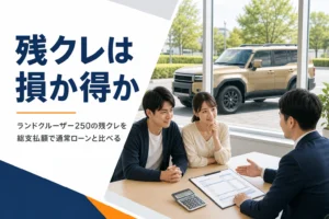 見積書と電卓の向こうに大型SUVが見える商談の場面